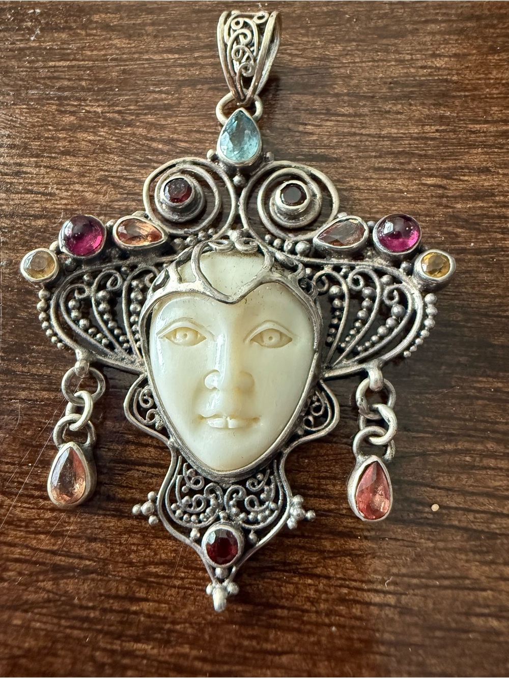Sterling Silver Carved Goddess Pendant with Multicolor Gem Accents